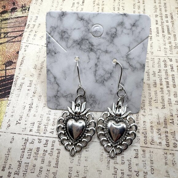 Long Sacred Flaming Heart Silver Dangle Statement Earrings New - Picture 2 of 12